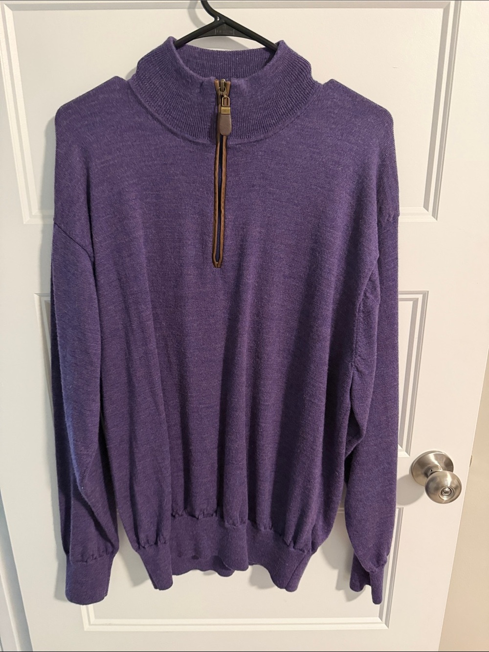 Orvis Purple Half-Zip Mock Neck Sweater with Brown Trim